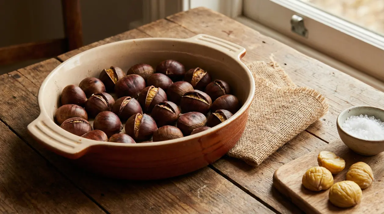 Castagne incise crude in una teglia di terracotta accanto a castagne cotte e sale grosso su un tavolo rustico