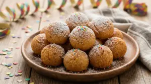 Castagnole al forno su un piatto di legno, decorate con zucchero a velo e confettini colorati