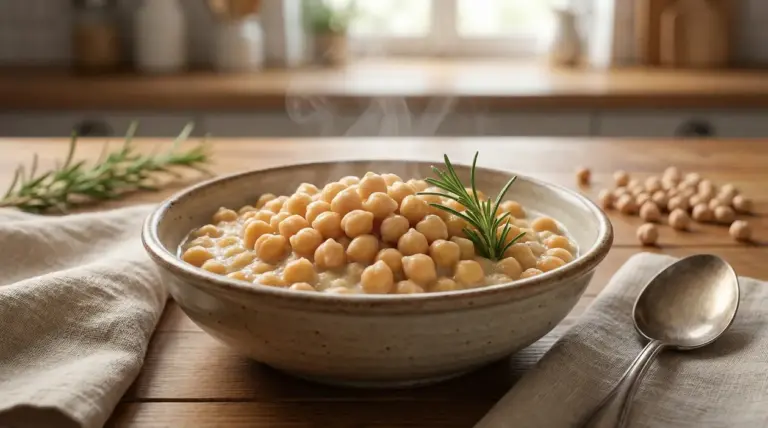 Ciotola di ceci cotti con crema, decorata con rosmarino su un tavolo rustico