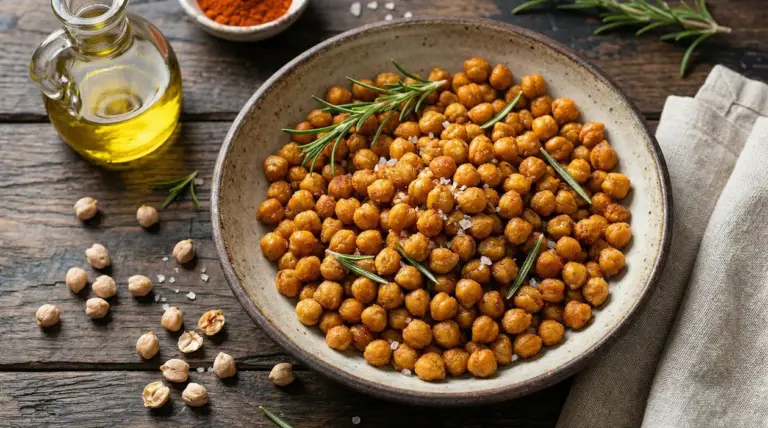 Ciotola di ceci croccanti al forno con rosmarino su tavolo rustico in legno