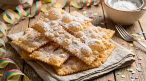 Chiacchiere fritte ricoperte di zucchero a velo su un canovaccio di lino