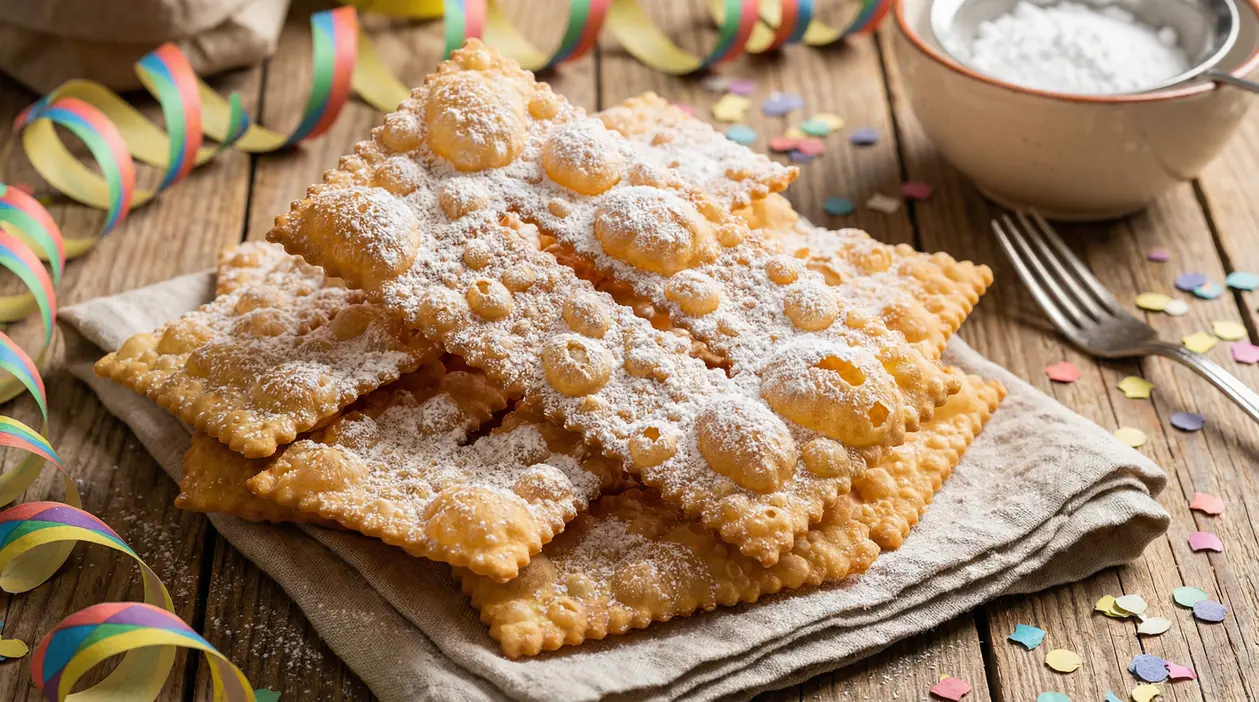 Chiacchiere fritte ricoperte di zucchero a velo su un canovaccio di lino