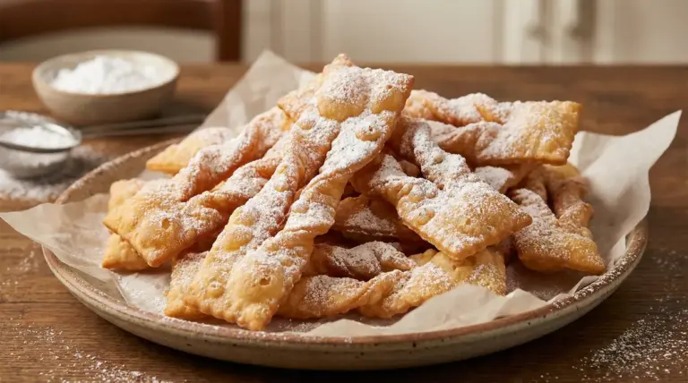 Chiacchiere di Carnevale dorate e spolverate di zucchero a velo su un piatto di carta forno