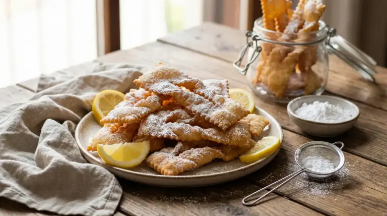 Piatto di chiacchiere di Carnevale con zucchero a velo e fette di limone su tavolo rustico