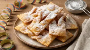 Chiacchiere di Carnevale dorate e friabili spolverate di zucchero a velo su un piatto