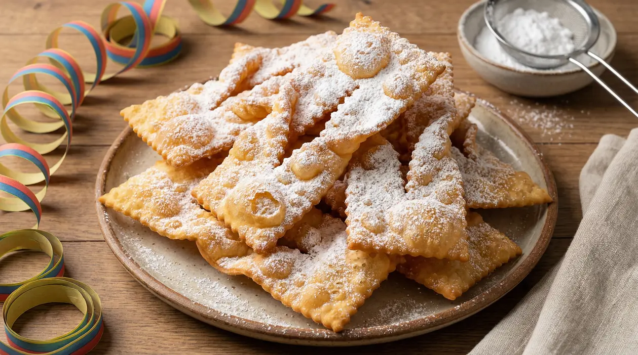 Chiacchiere di Carnevale dorate e friabili spolverate di zucchero a velo su un piatto