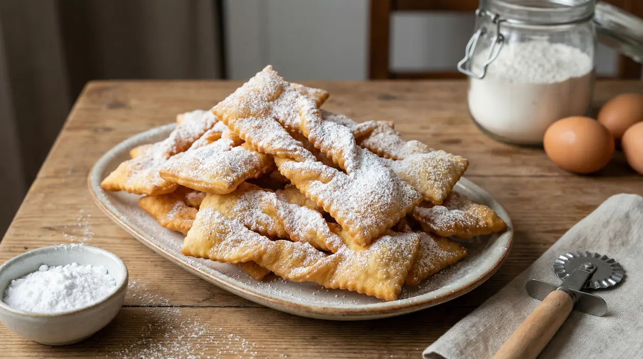 Vassoio di chiacchiere fritte ricoperte di zucchero a velo su un tavolo di legno