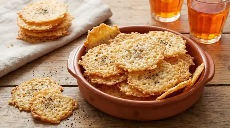 Chips di parmigiano servite in una ciotola di terracotta su tavolo rustico