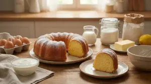 Ciambella allo yogurt soffice con una fetta tagliata, circondata da ingredienti su un tavolo di legno