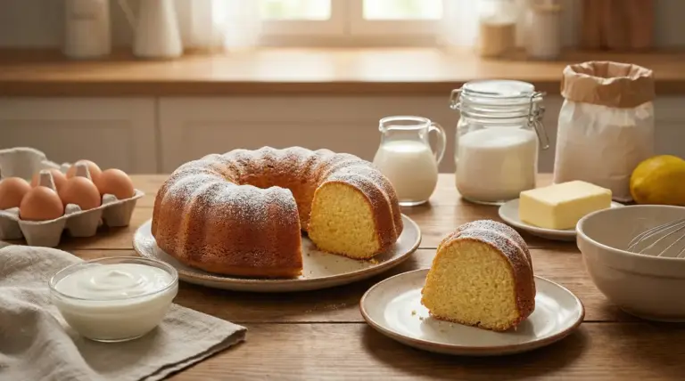Ciambella allo yogurt soffice con una fetta tagliata, circondata da ingredienti su un tavolo di legno