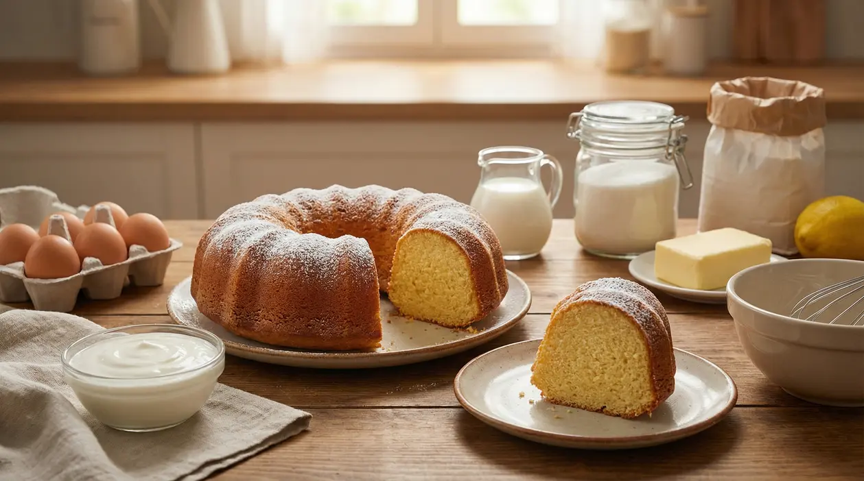 Ciambella allo yogurt soffice con una fetta tagliata, circondata da ingredienti su un tavolo di legno
