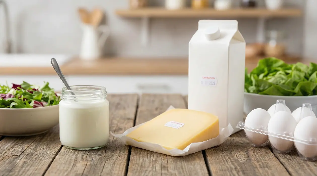 Alimenti su un tavolo in cucina, inclusi latticini, uova, formaggio e insalata fresca