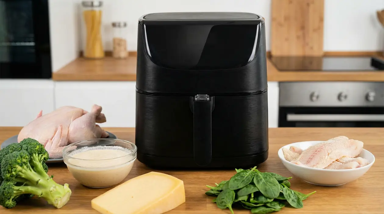 Friggitrice ad aria su un piano cucina con diversi alimenti crudi attorno