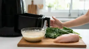 Ingredienti crudi accanto a una friggitrice ad aria in una cucina luminosa
