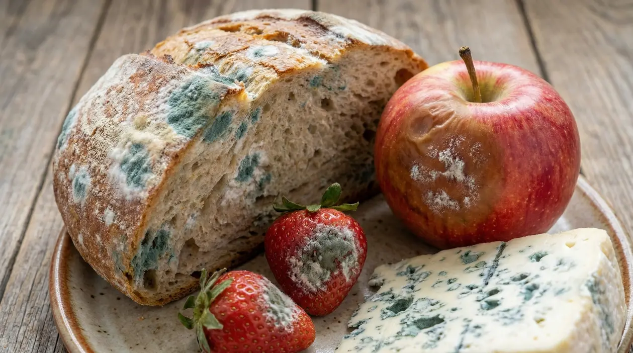 Pane, fragole e una mela con muffa visibile su un piatto di ceramica