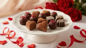 Cioccolatini assortiti su un piatto bianco, decorati per San Valentino con cuori e nastri rossi