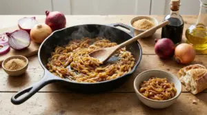 Cipolle caramellate in padella con ingredienti su un tavolo rustico