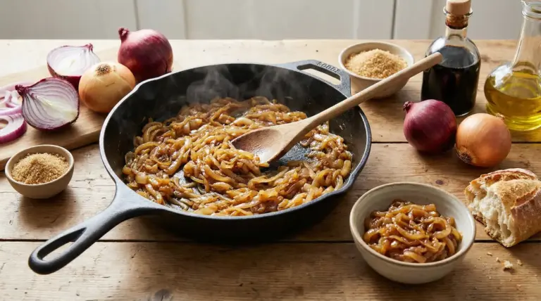 Cipolle caramellate in padella con ingredienti su un tavolo rustico
