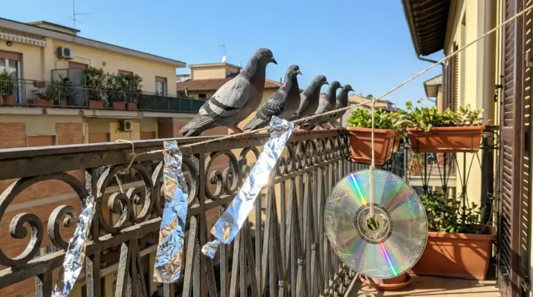 Piccioni posati sulla ringhiera di un balcone con nastri di alluminio e un vecchio CD come deterrenti