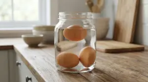 Uova immerse in un barattolo d'acqua su un piano da cucina in legno