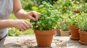 Persona che pota una pianta di basilico in vaso su un tavolo all'aperto