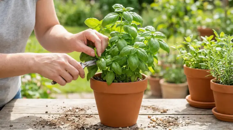 Persona che pota una pianta di basilico in vaso su un tavolo all'aperto