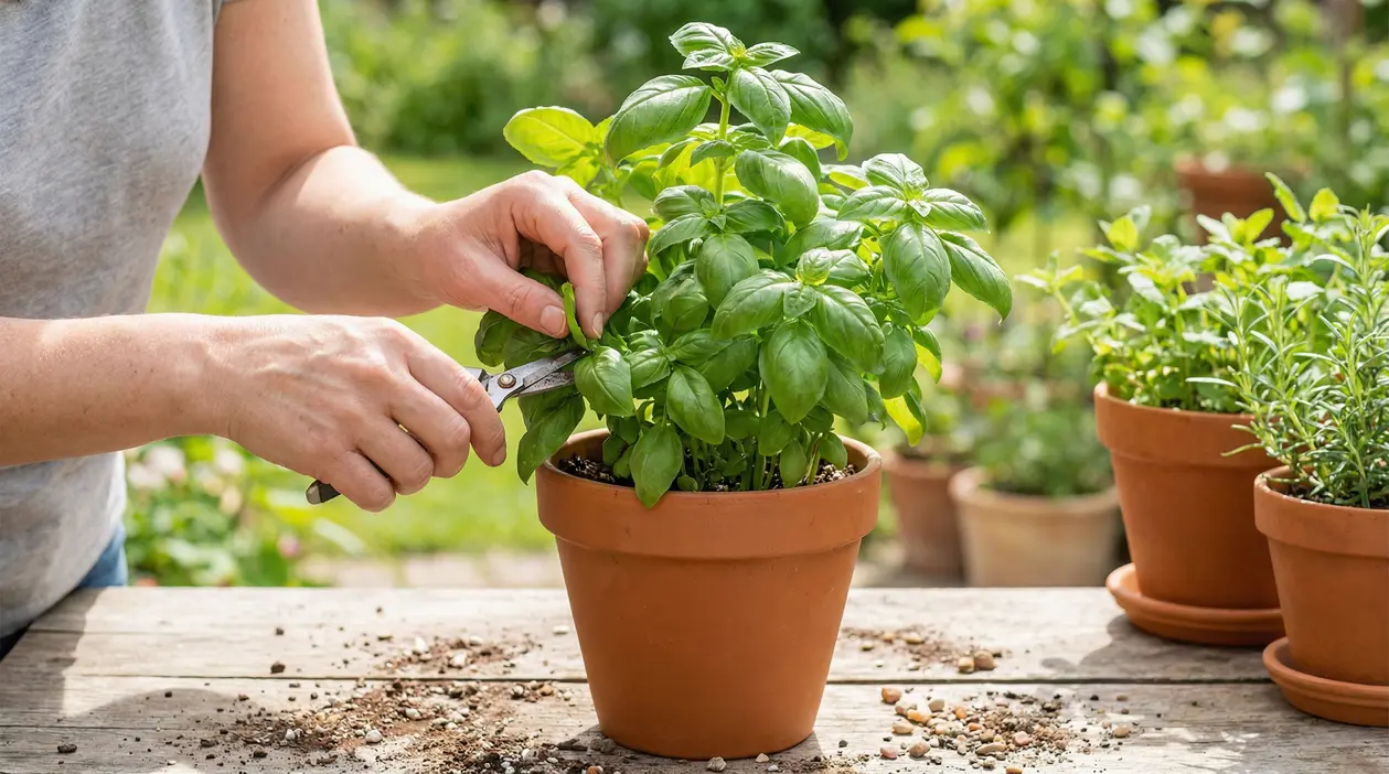 Persona che pota una pianta di basilico in vaso su un tavolo all'aperto