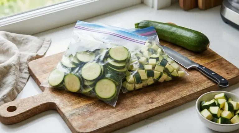 Zucchine a rondelle e a cubetti in sacchetti per congelatore su un tagliere
