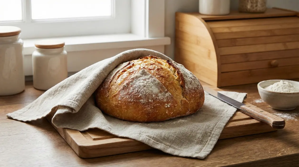Pane casereccio coperto da un canovaccio su un tagliere di legno in cucina