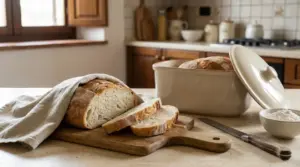 Pane casereccio affettato su tagliere con canovaccio su un tavolo in cucina
