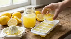 Succo di limone versato in una vaschetta per cubetti di ghiaccio vicino a limoni freschi