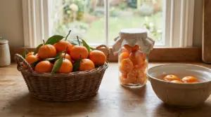 Clementine in un cesto, in un barattolo di vetro e in una ciotola con acqua su un tavolo di legno