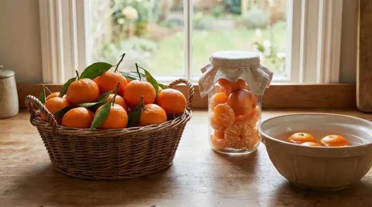 Clementine in un cesto, in un barattolo di vetro e in una ciotola con acqua su un tavolo di legno