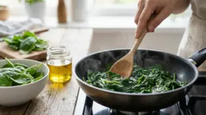 Spinaci freschi cucinati in padella con un cucchiaio di legno