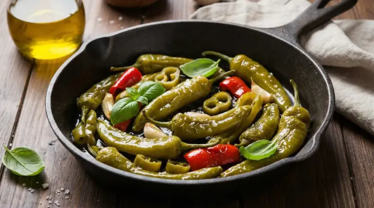 Peperoni friggitelli cotti in padella con aglio e basilico su tavolo di legno