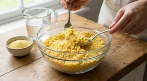 Una persona sgrana il cous cous cotto in una ciotola di vetro con due forchette