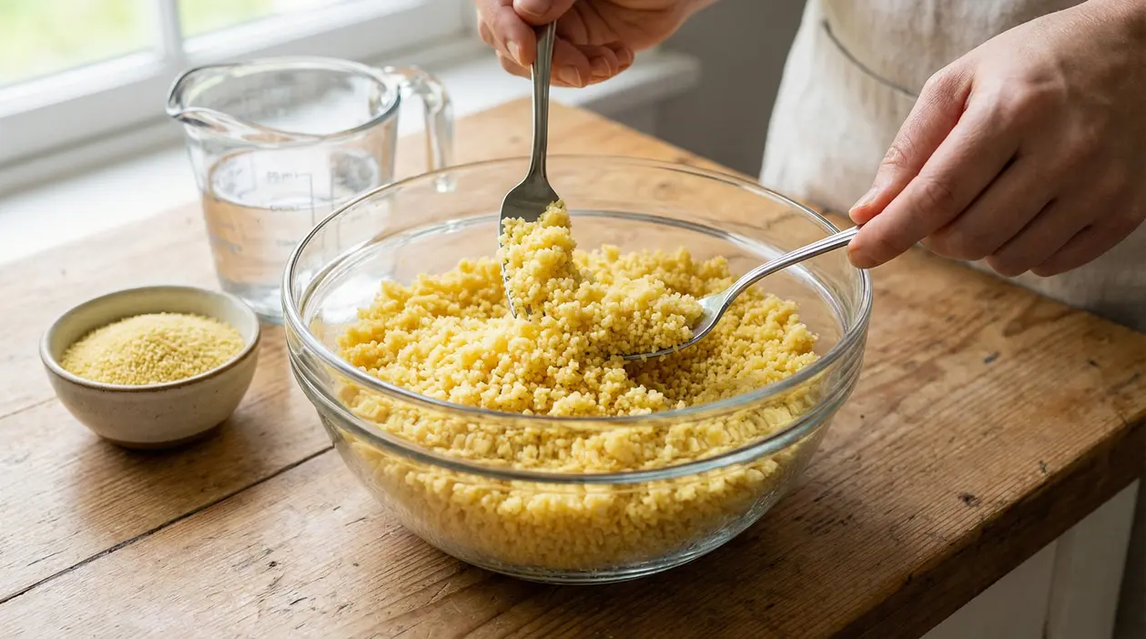 Una persona sgrana il cous cous cotto in una ciotola di vetro con due forchette
