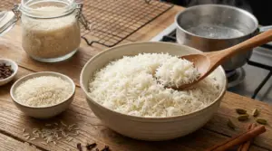 Ciotola di riso basmati cotto su tavolo in legno con riso crudo e spezie attorno