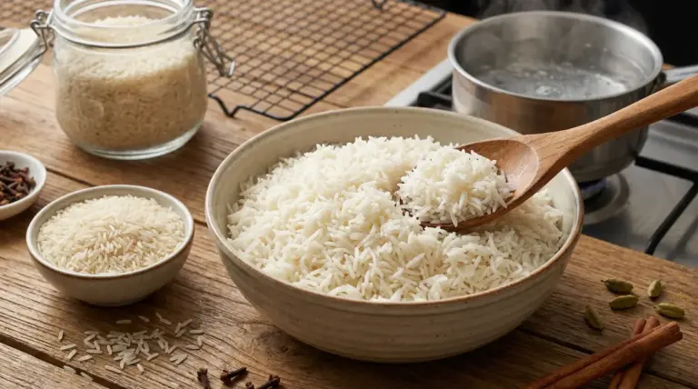 Ciotola di riso basmati cotto su tavolo in legno con riso crudo e spezie attorno