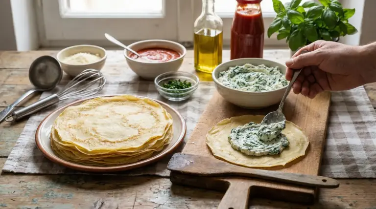 Preparazione di crespelle farcite con ricotta e spinaci su un tavolo rustico