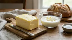 Burro fatto in casa su un tagliere con panna, sale e pane sullo sfondo