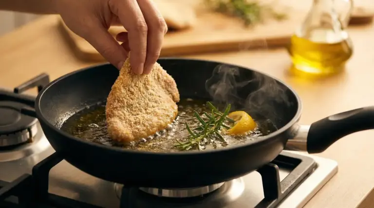Una mano immerge una cotoletta impanata in una padella con olio bollente, limone e rosmarino