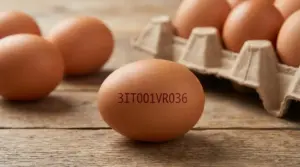 Uovo marrone con codice stampato su un tavolo di legno vicino a un portauova