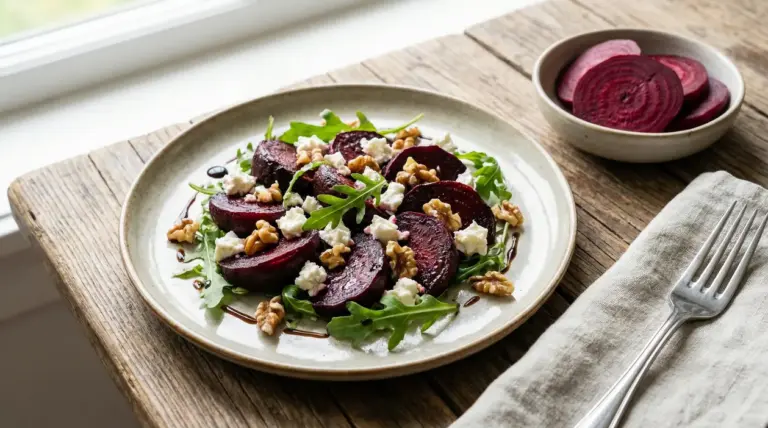 Insalata con barbabietole arrosto, rucola, noci e formaggio servita su un piatto di ceramica