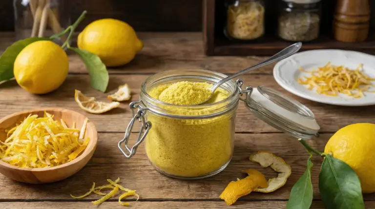 Barattolo di vetro con polvere di limone su tavolo di legno, circondato da scorze e limoni freschi