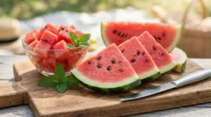 Fette e cubetti di anguria matura su un tagliere di legno con foglie di menta