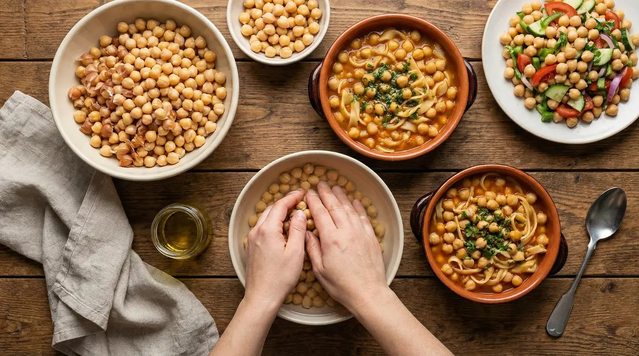 Mani sbucciano ceci in una ciotola, circondate da piatti con ricette a base di ceci