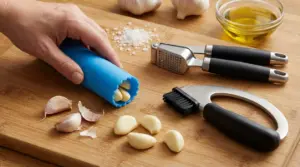 Una mano utilizza un accessorio da cucina per sbucciare spicchi d'aglio su un tagliere in legno