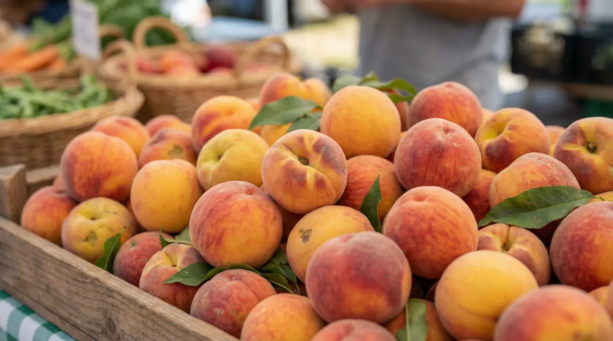 Cassetta di pesche mature e colorate esposte su un banco del mercato