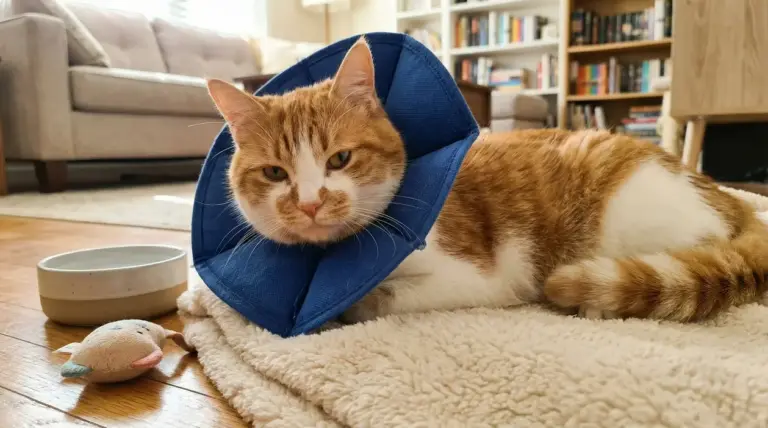 Gatto con collare elisabettiano blu sdraiato su una coperta in casa